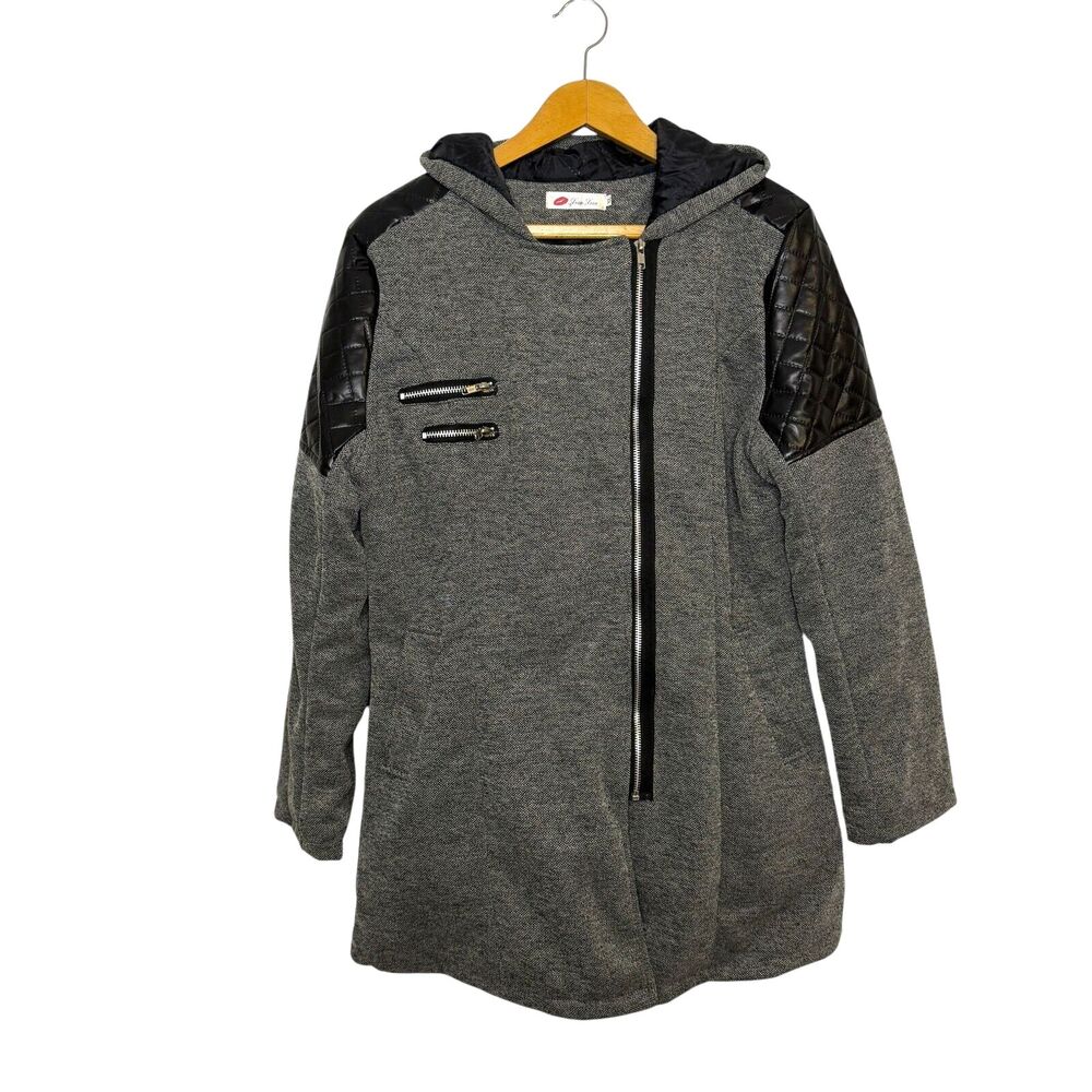 Xian Xian Lined Jacket Coat Black Grey Leather Outercoat Women Size XL‎ NWOT
